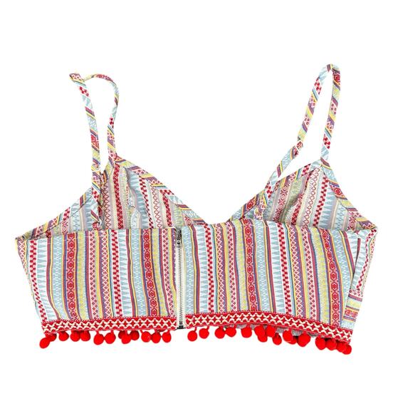 Boho Festival Red Crop Top Halter Adjustable Straps Pom Pom Fringe Zips Large - Picture 5 of 8
